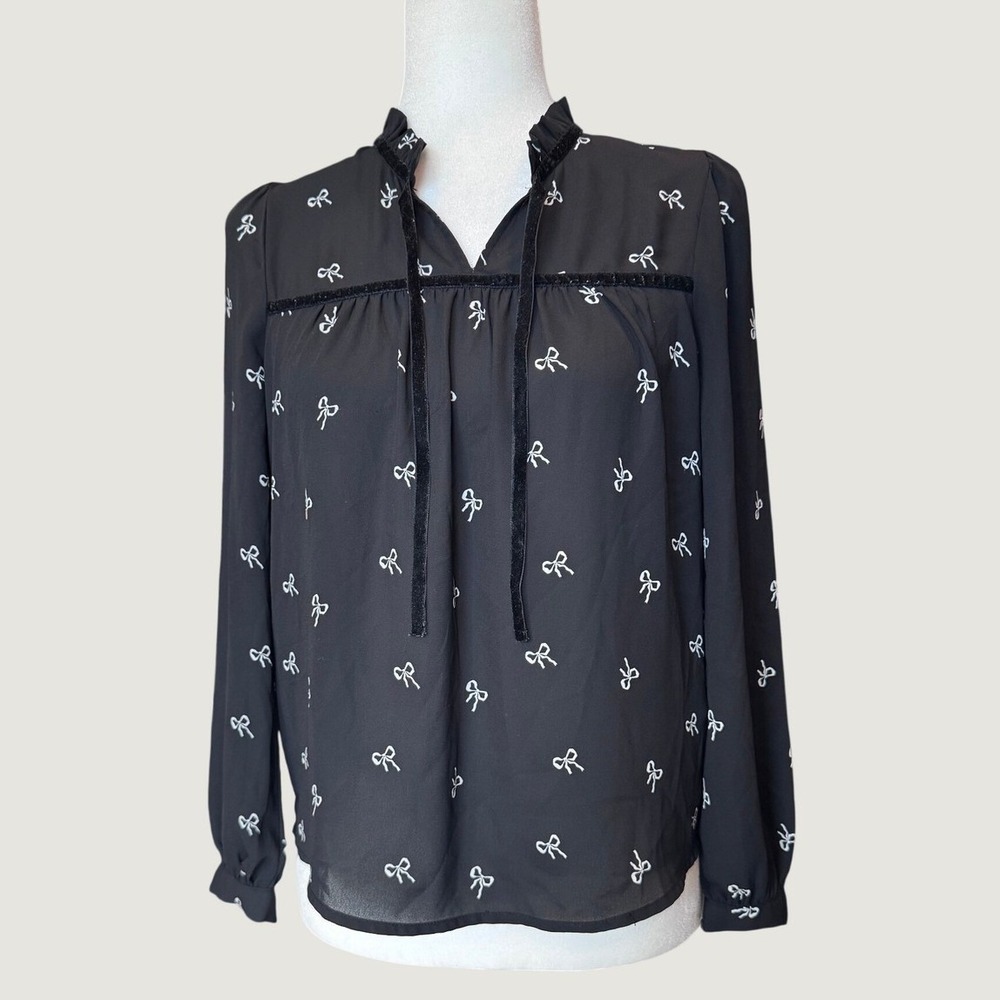 J.CREW Embroidered Bow Ruffle Neck Blouse XXS Black Velvet Trim Top